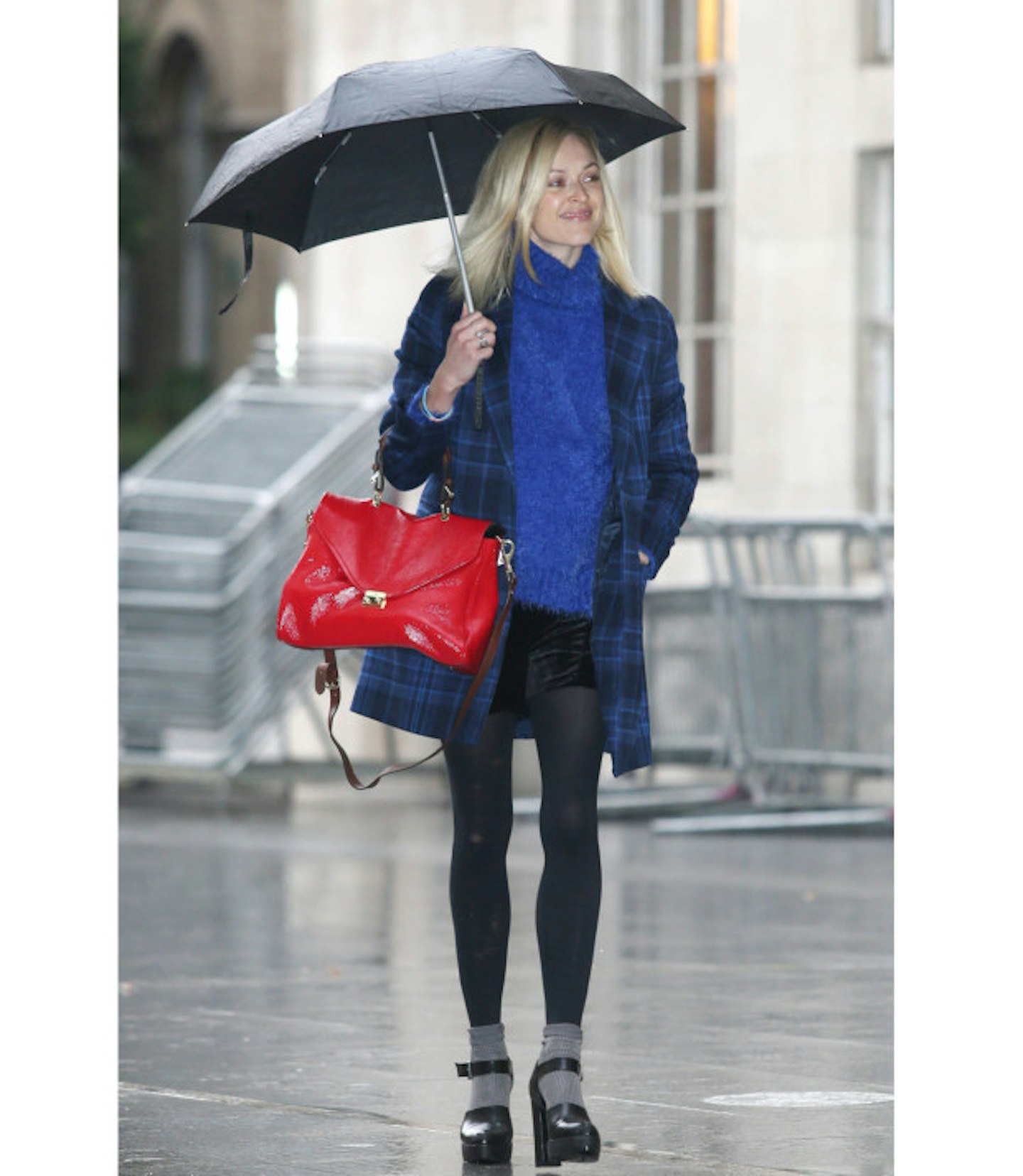 fearne-cotton-rain-umbrella-blue-jumper-blue-checked-coat