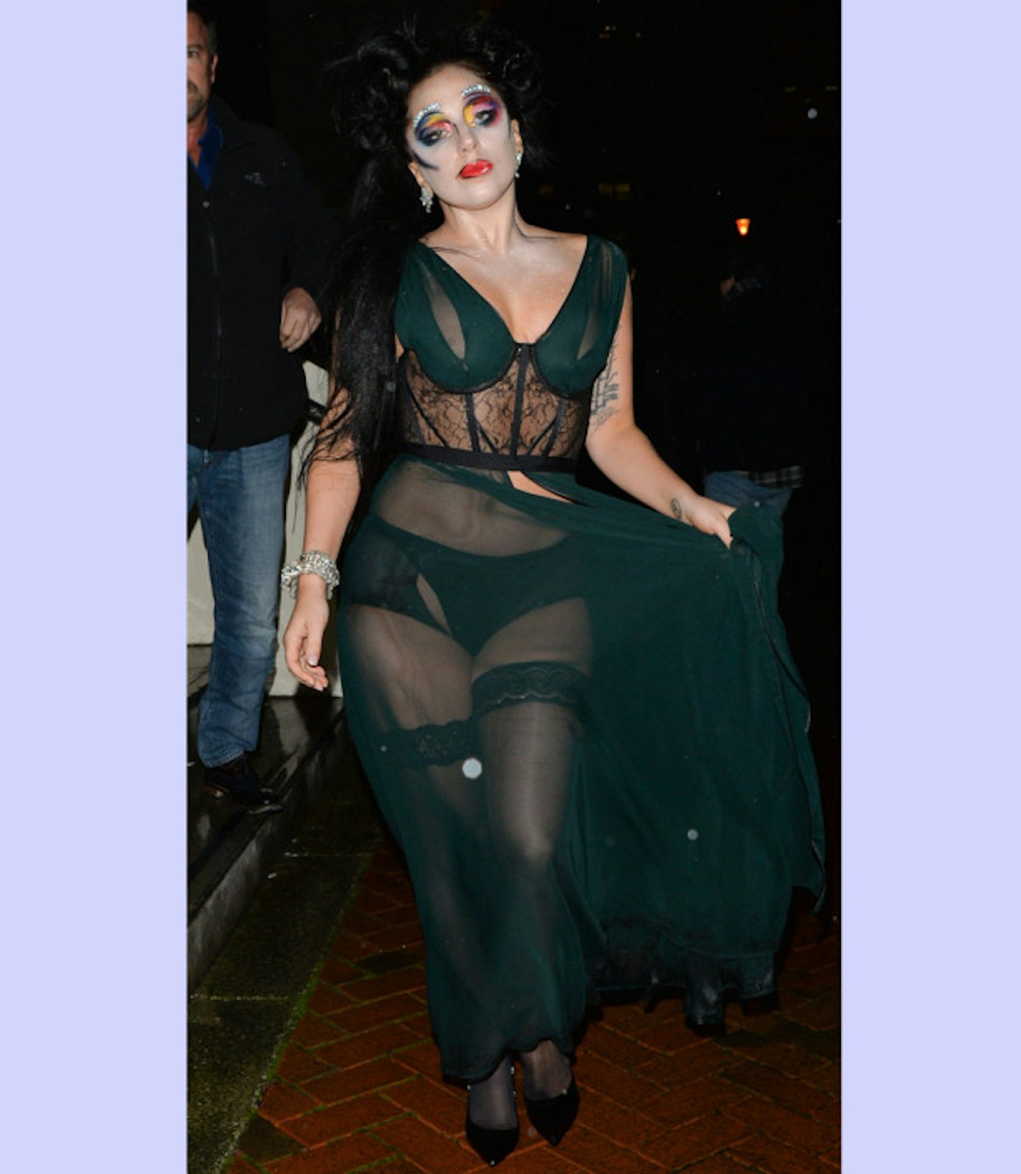 nearly-naked-dresses-lady-gaga-dark-green-sheer-dress