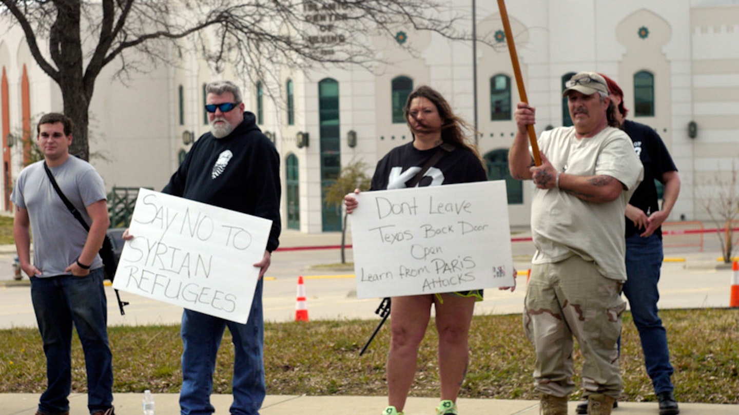 BAIR members protesting Syrian Refugees, outside Irving Mosque, Texas.