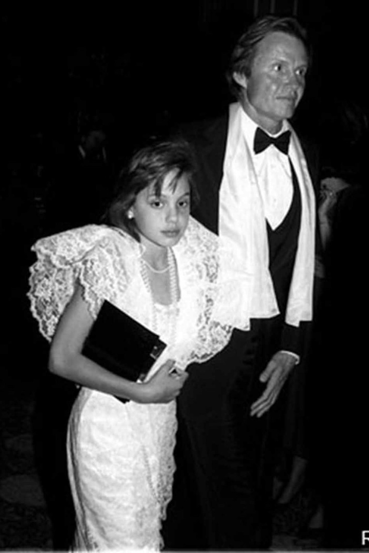 Angelina Jolie with dad style 1986 lace dress