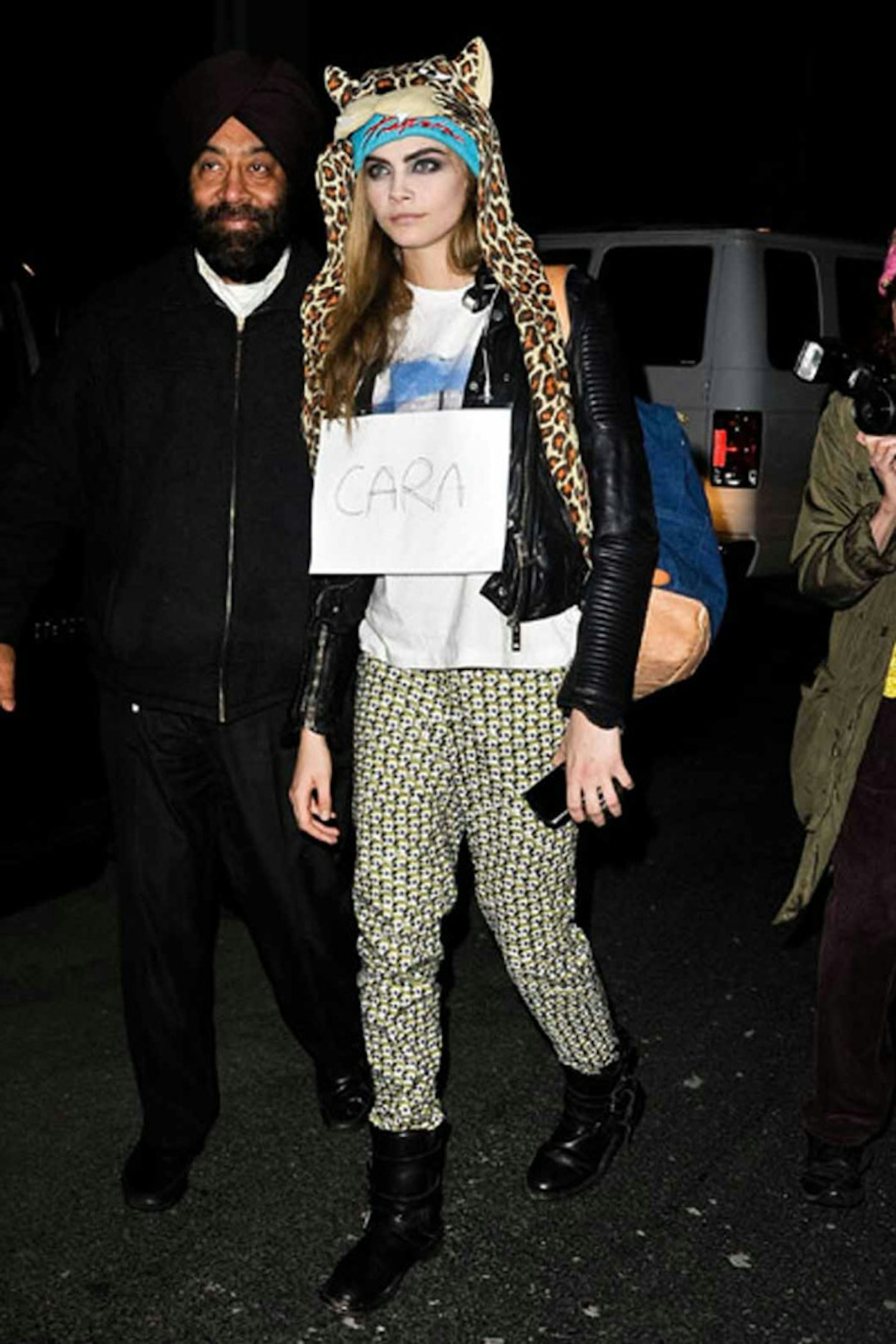 Cara Delevingne style pattern trousers leopard print hat