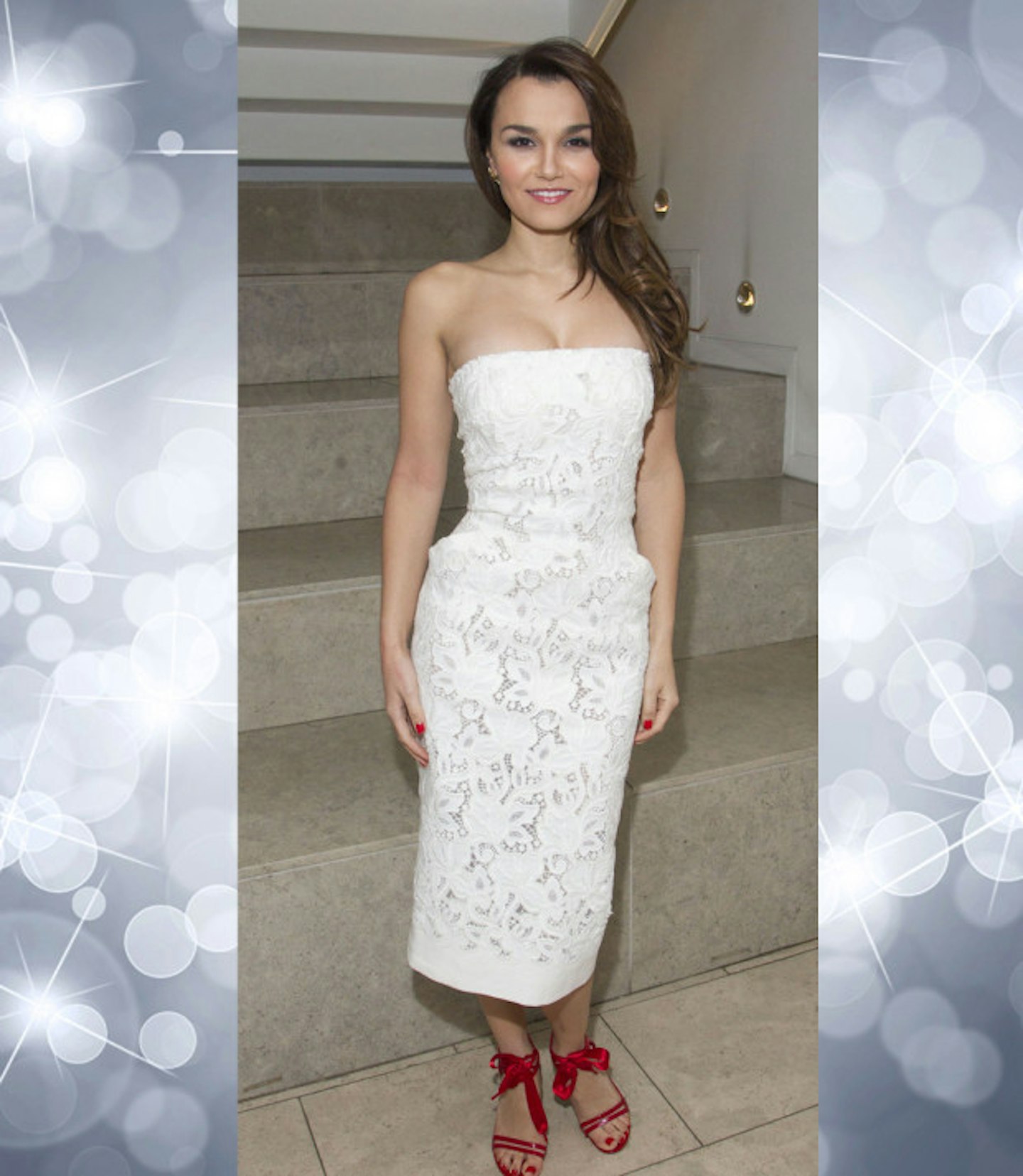 best-dressed-samantha-barks-white-lace-strapless-dress-red-shoes