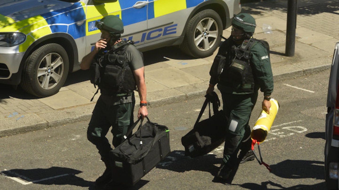 Police, medical and special forces take part in a terrorist training exercise outside Aldwhich tube station in preparation for an ISIS attack.
