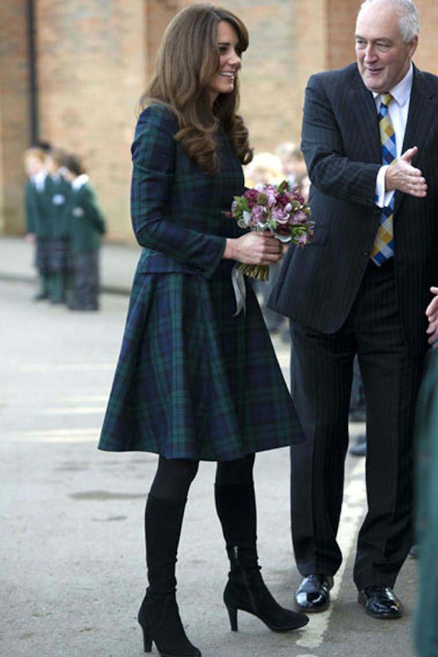 Kate Middleton wears Alexander McQueen tartan dress, St Andrew's School, 30 November 2012
