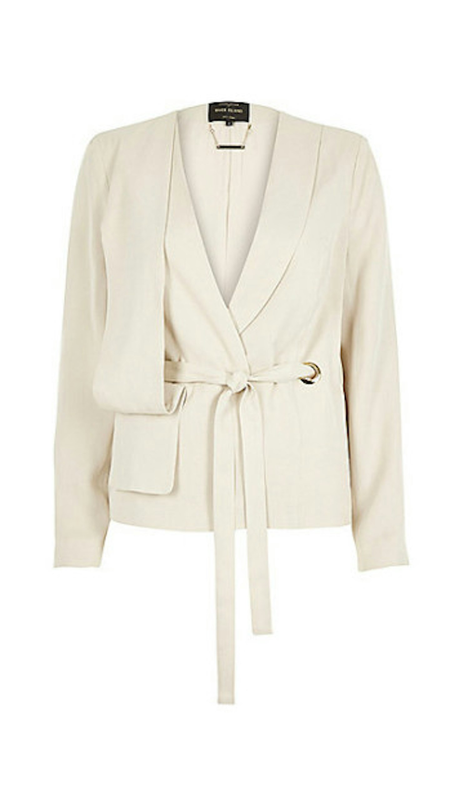 Light grey belted drape front jacket, £70
