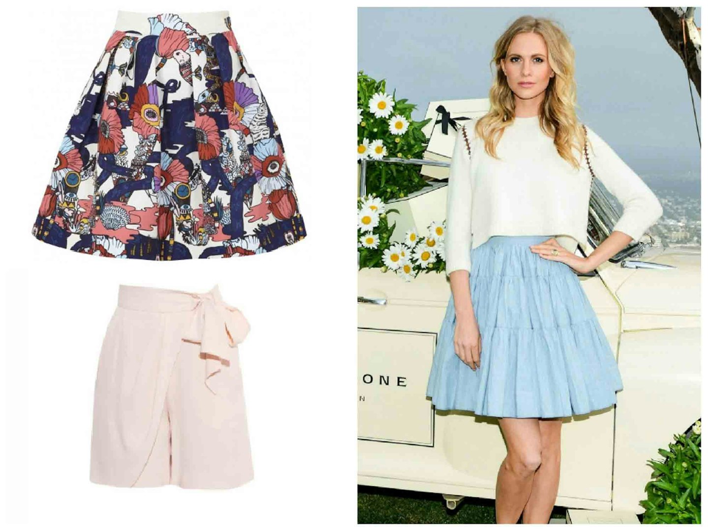 [From top left] Mary Katrantzou algernon printed faille mini skirt, Chloe waist-tie crepe shorts, Poppy Delevingne [Rex Features]