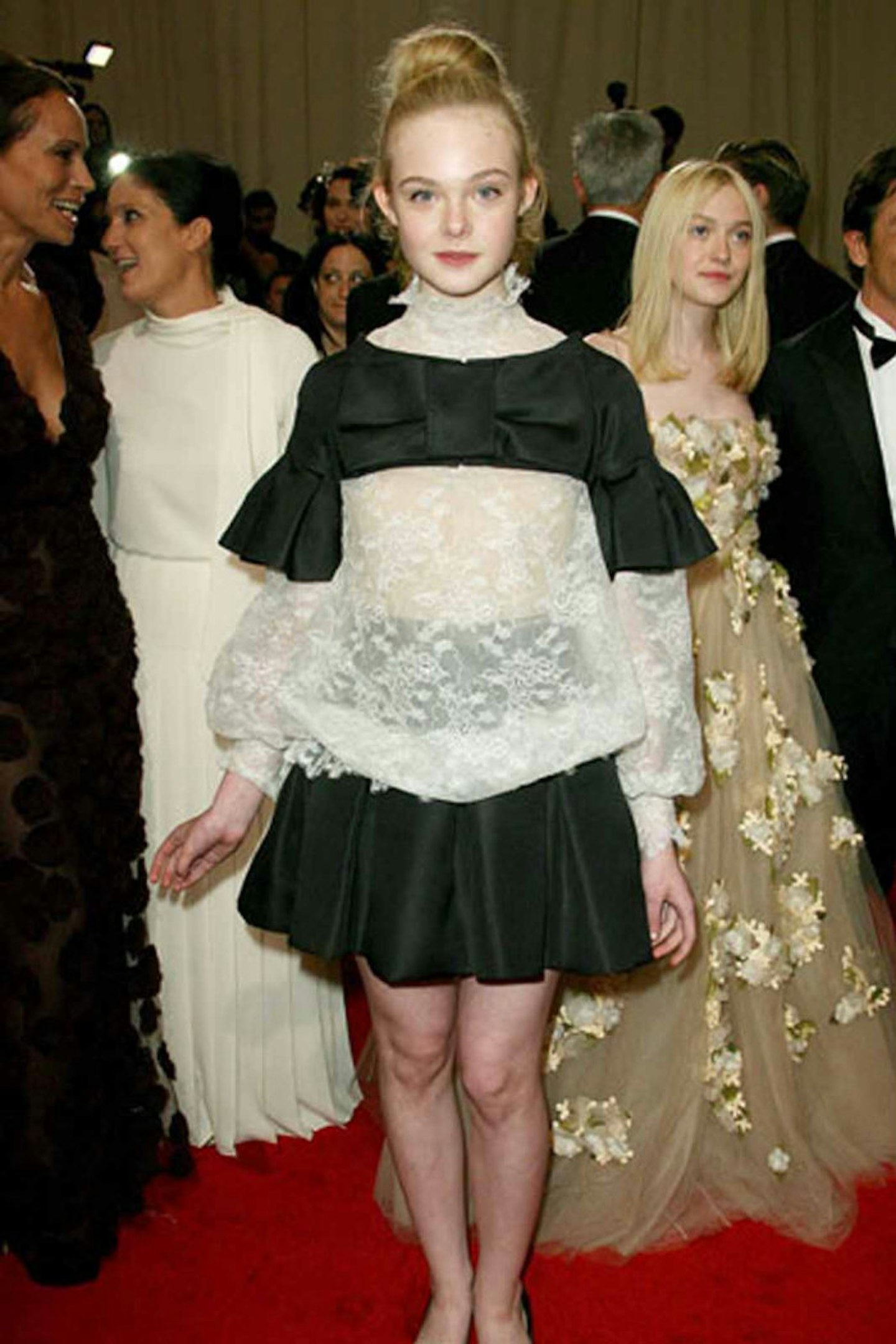 Elle Fanning style valentino lace and black high neck dress