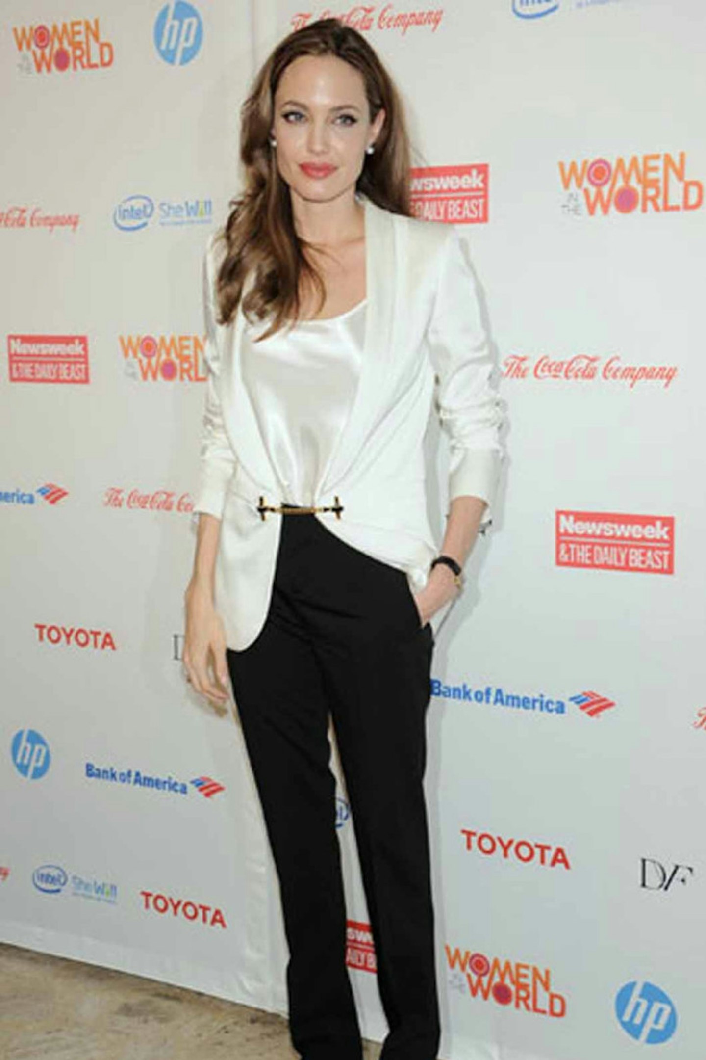 Angelina Jolie style 2012 white silk shirt blazer black trousers