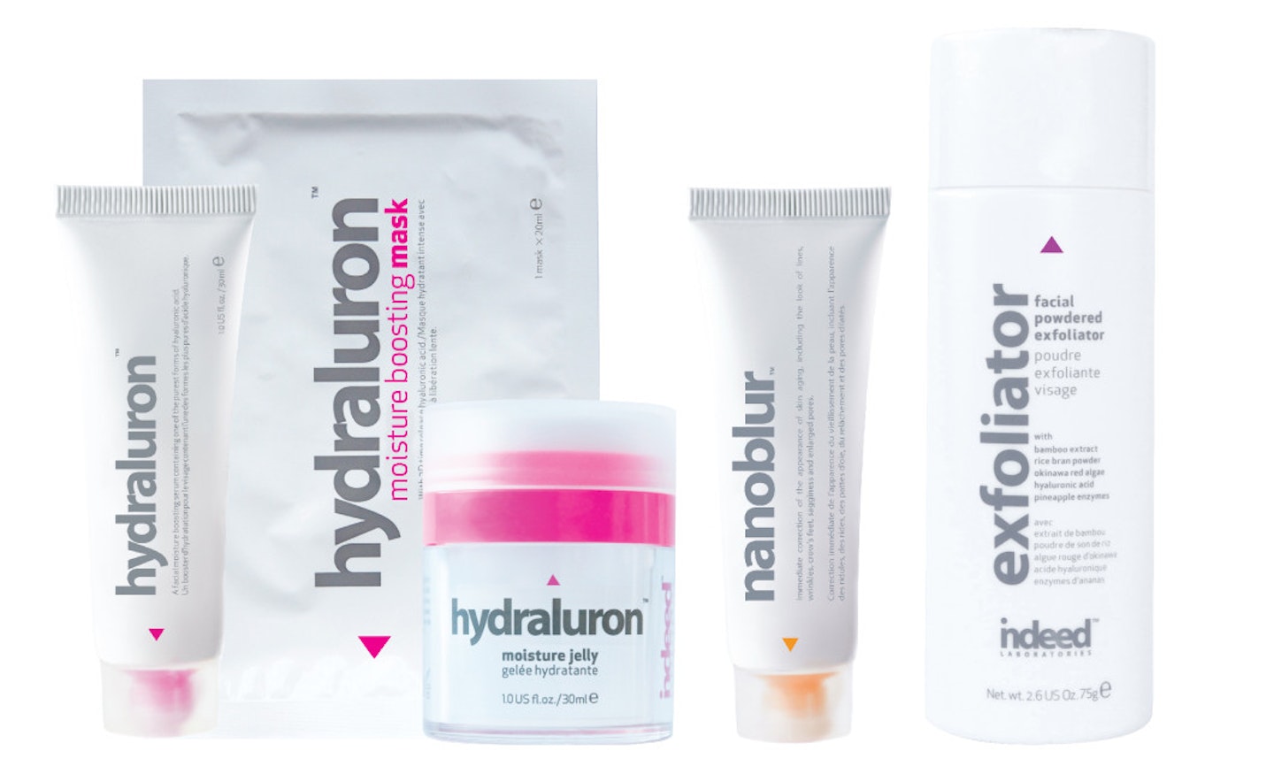 [left to right] Indeed Labs Hydraluron Kit [Mask, Serum &amp; Jelly], Nanoblur Instant Skin Finisher and Indeed Labs Facial Powdered Exfoliator.