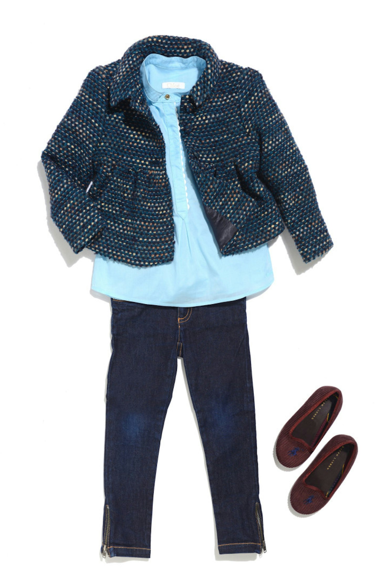 Bonpoint jeans teamed with a Marie Chantal blue jacket, Chloe blue shirt and Ralph Lauren brown pumps
