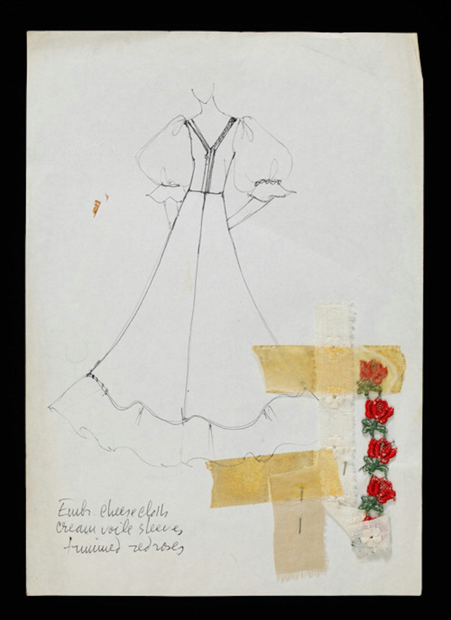 Romantic silhouettes, with full Victorian skirts and puffed sleeves, appeared throughout Porter’s career. This example is sketched in white cheesecloth with red rose trim.