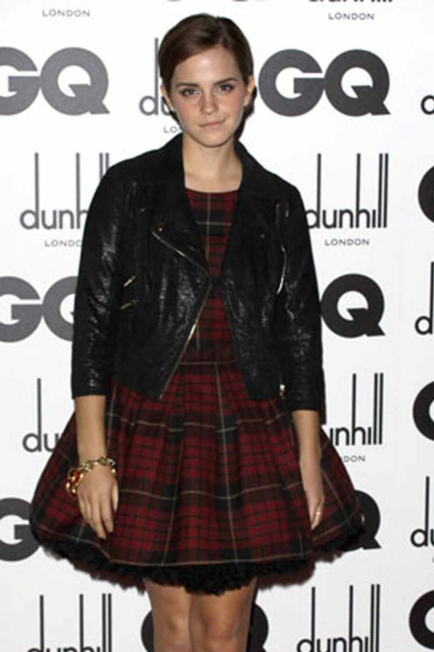 Emma Watson style GQ tarten dress black leather jacket