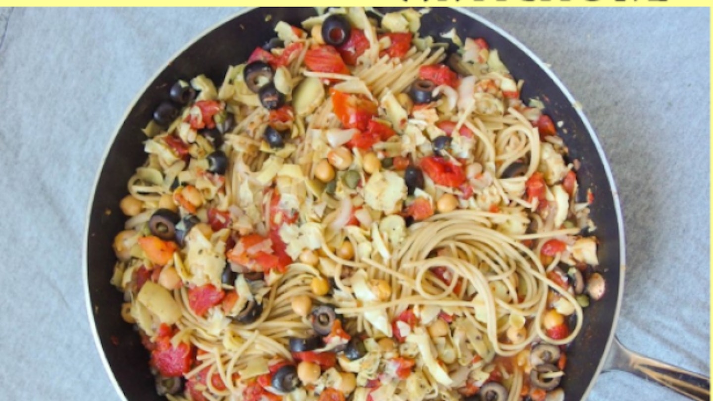 one_pot_spaghetti_alla_puttanesca_chickpeas_artichokes_vegan_one_skillet_whole_wheat_capers_olives