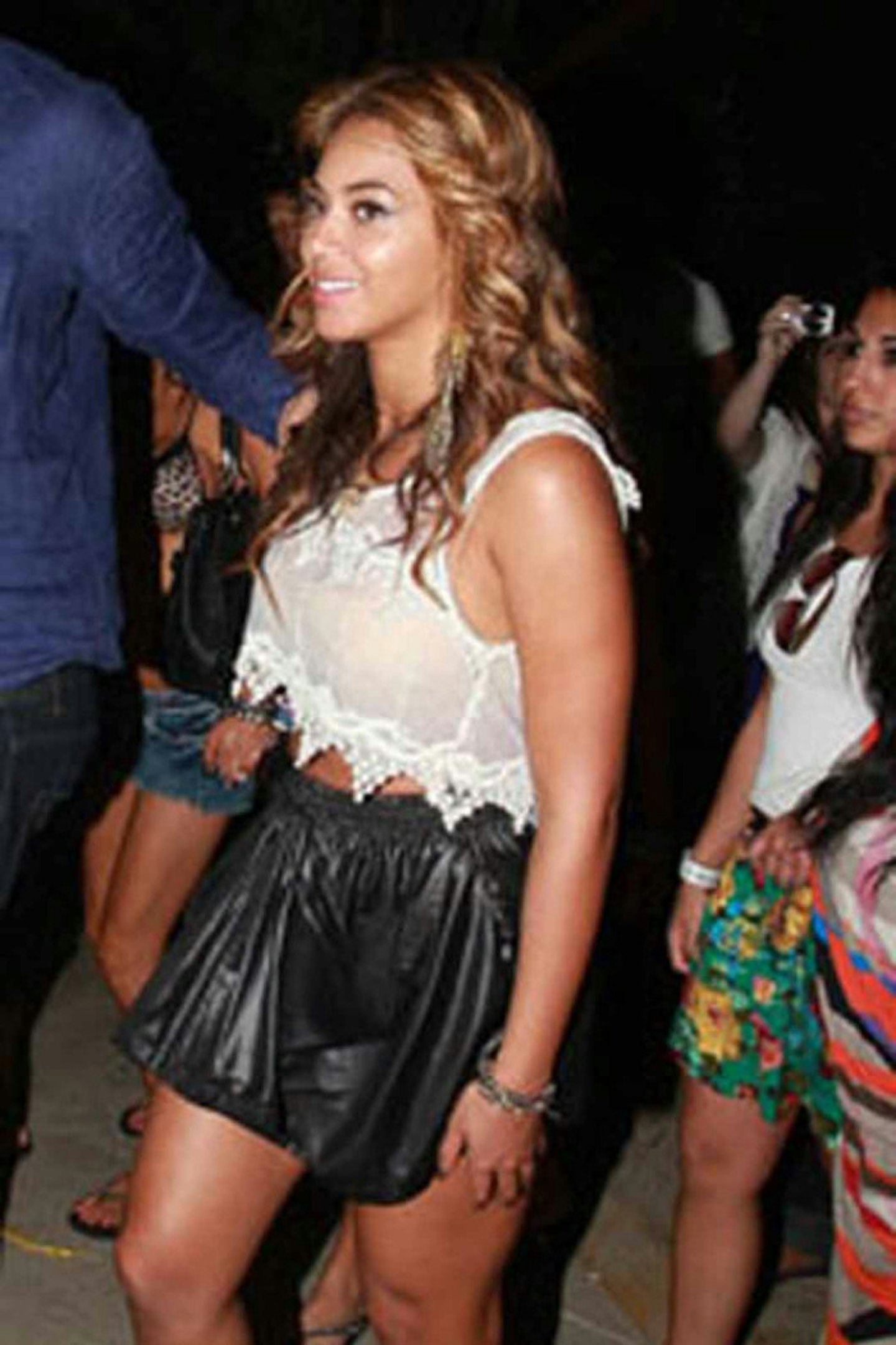 Beyonce style white lace crop top leather skirt ankle boots