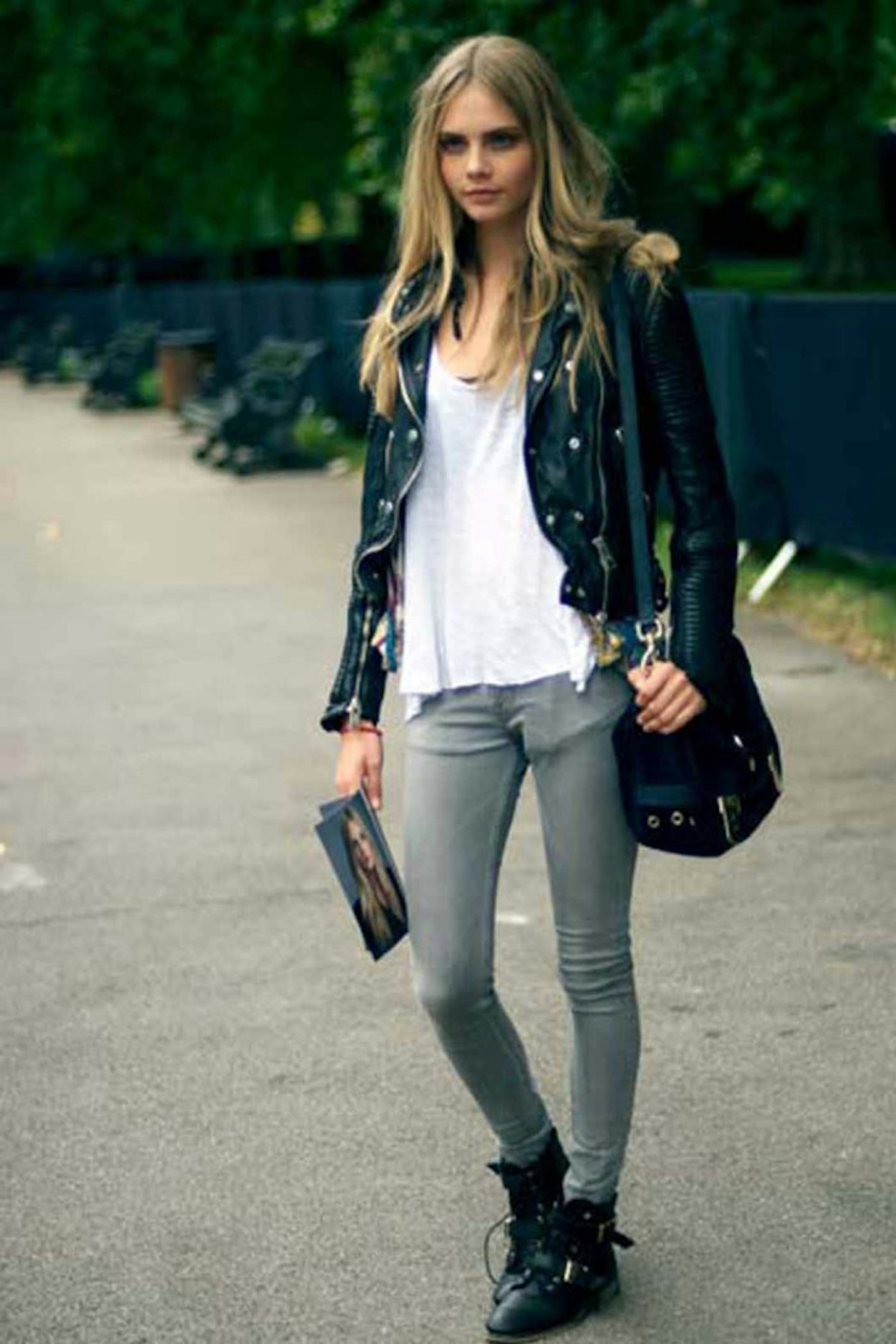Cara Delevingne style skinny jeans leather jacket