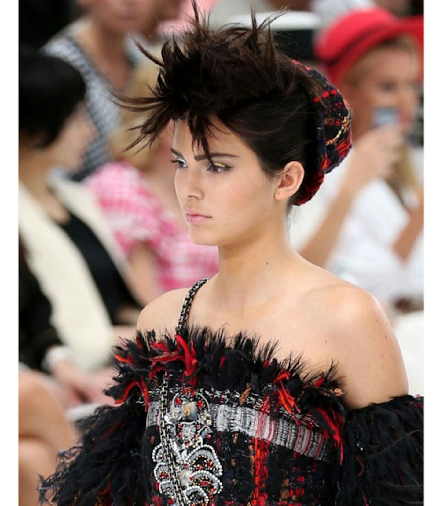 kendall-jenner-chanel-couture-show-aw-14-punk-hair-tartan-fringe-dress
