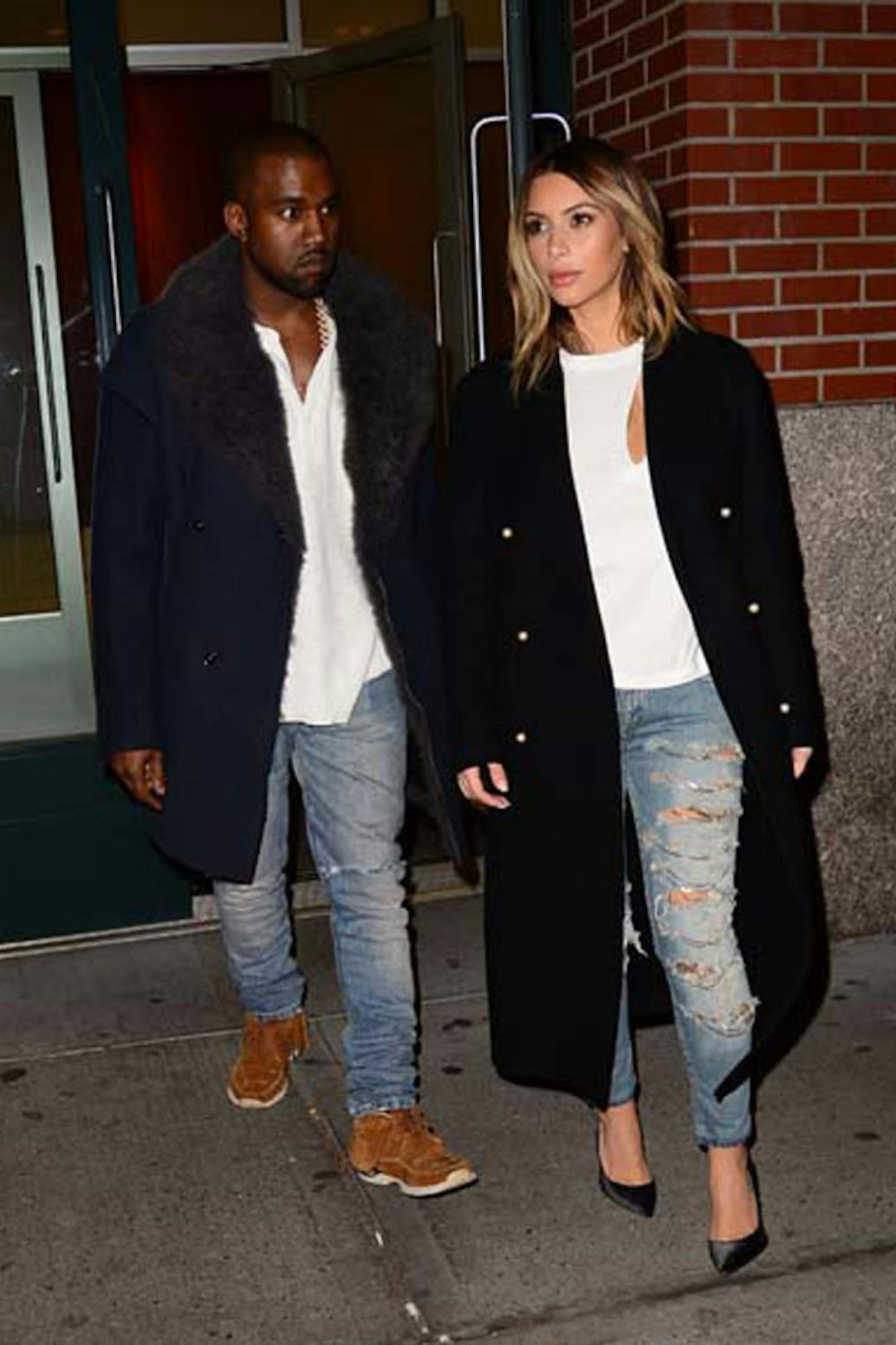 Kim Kardashian style ripped denim jeans black coat