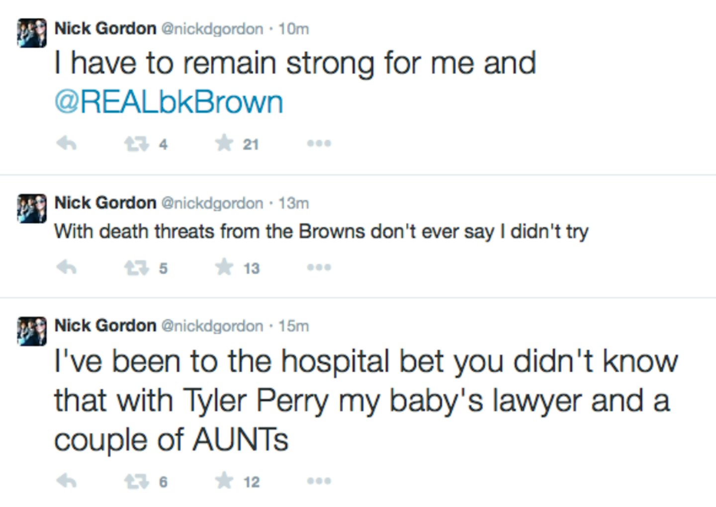 Nick tweeted about receiving 'death threats' from the Brown family.