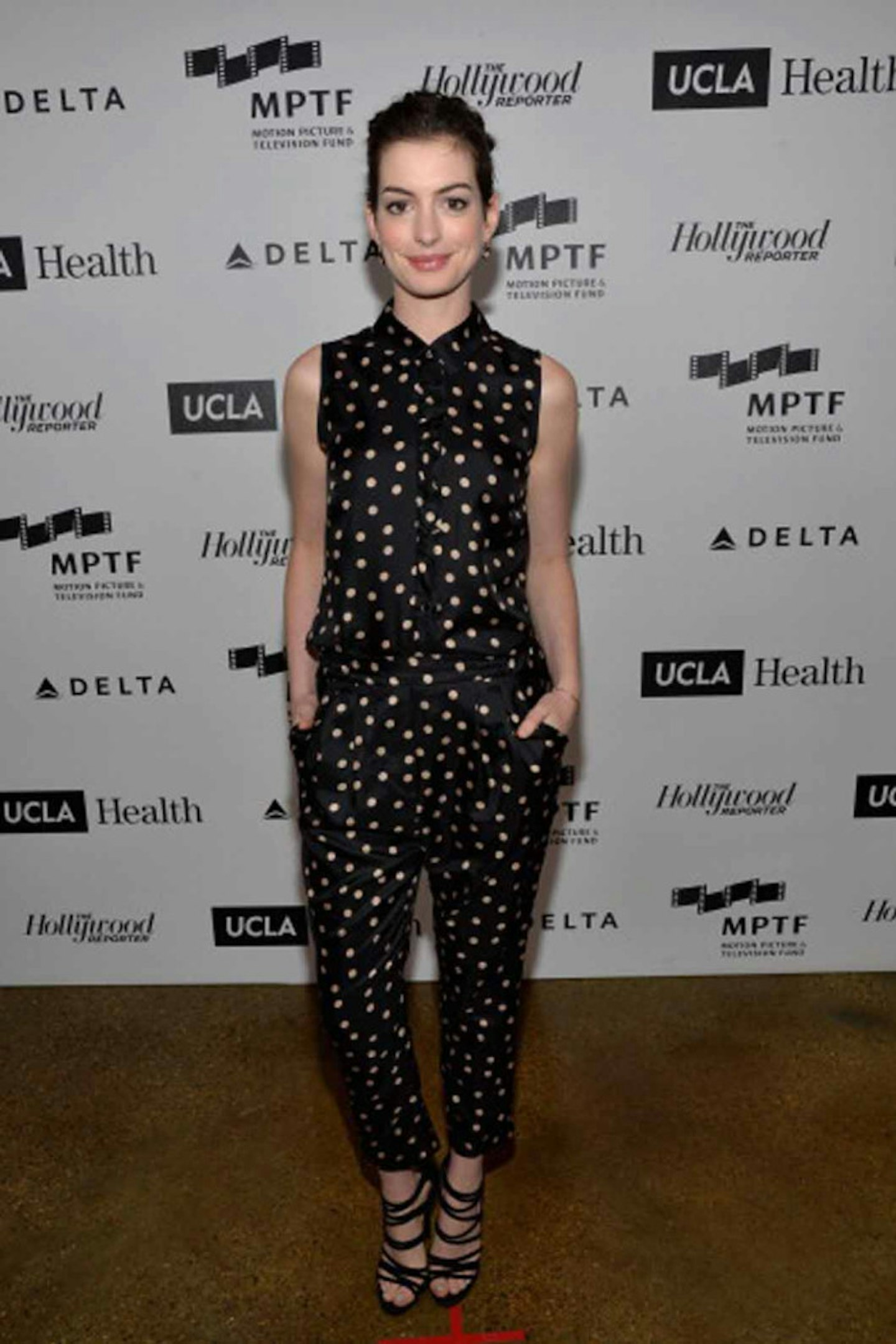 Anne Hathaway style 2014 polkadot jumpsuit