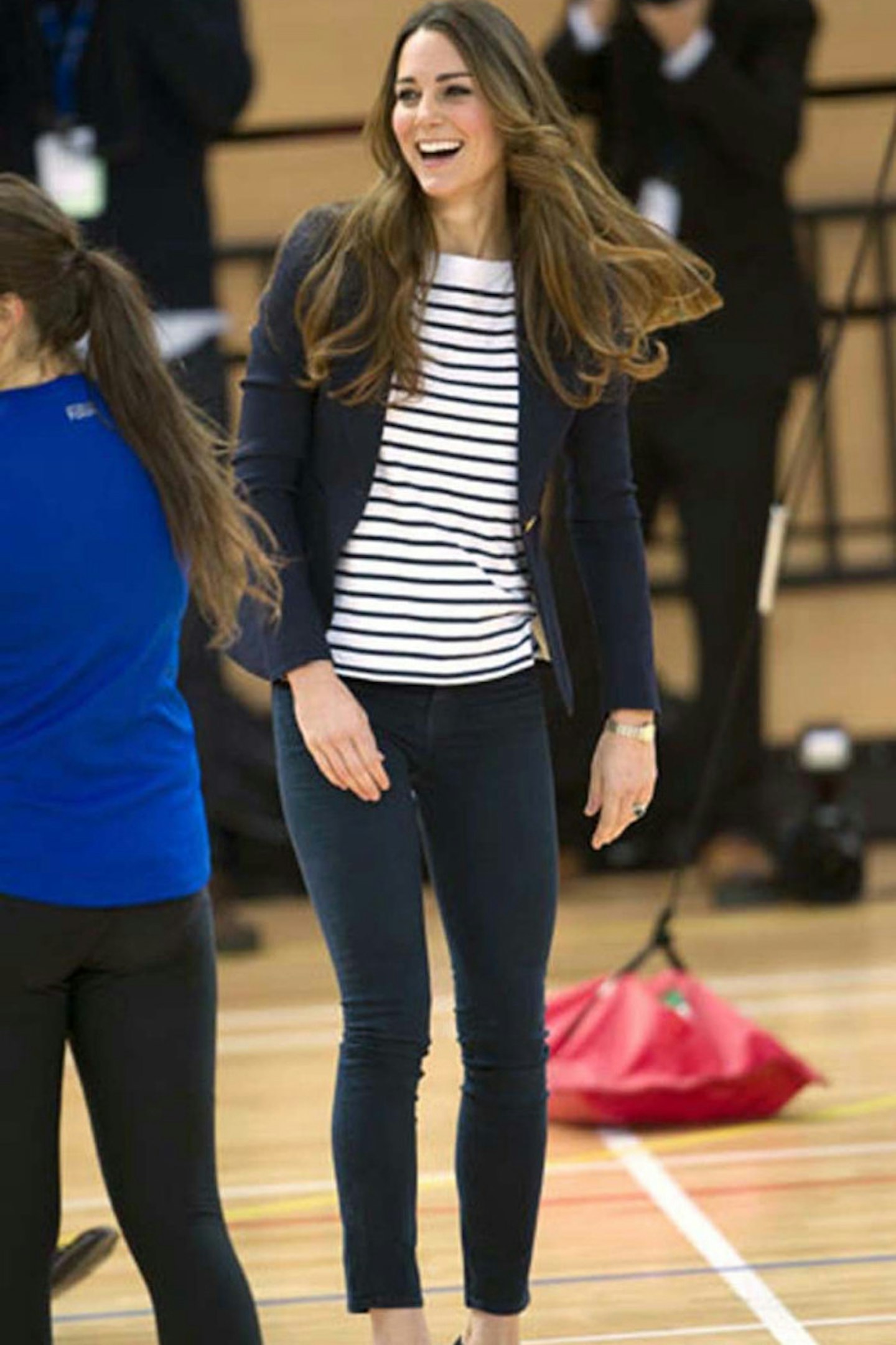 Kate Middleton in Smythe blazer, J Brand Jeans and Russell and Bromley wedges at the SportsAid Athlete Workshop at the Olympic Park, London, 18 October 2013