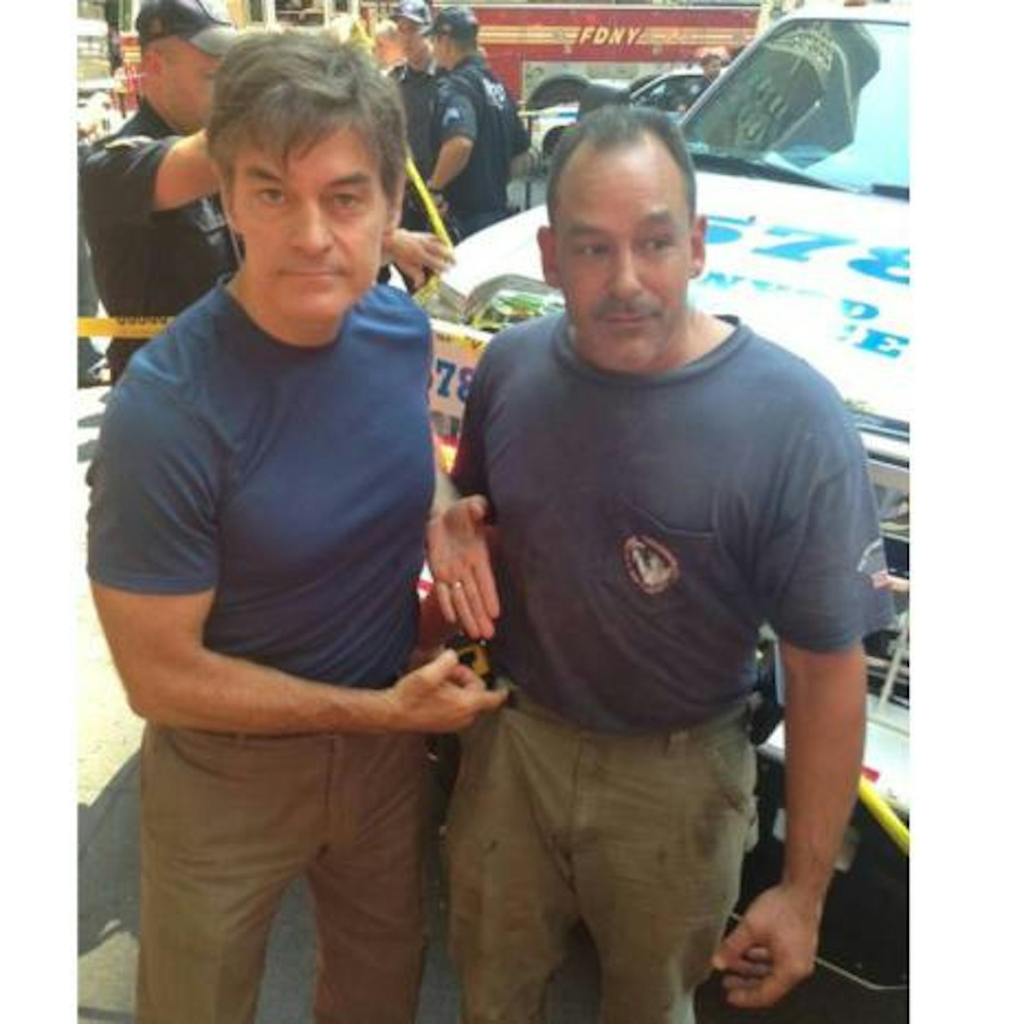 Plumber David Justino (right) used his belt to make a life-saving tourniquet for her leg, while celebrity doctor Mehmet Oz (left) also raced to the scene