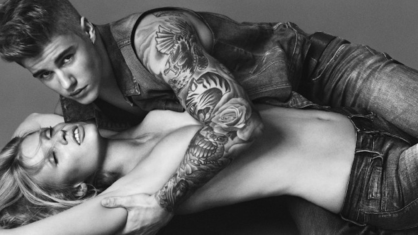 Justin Bieber and Lara Stone pose for Calving Klein