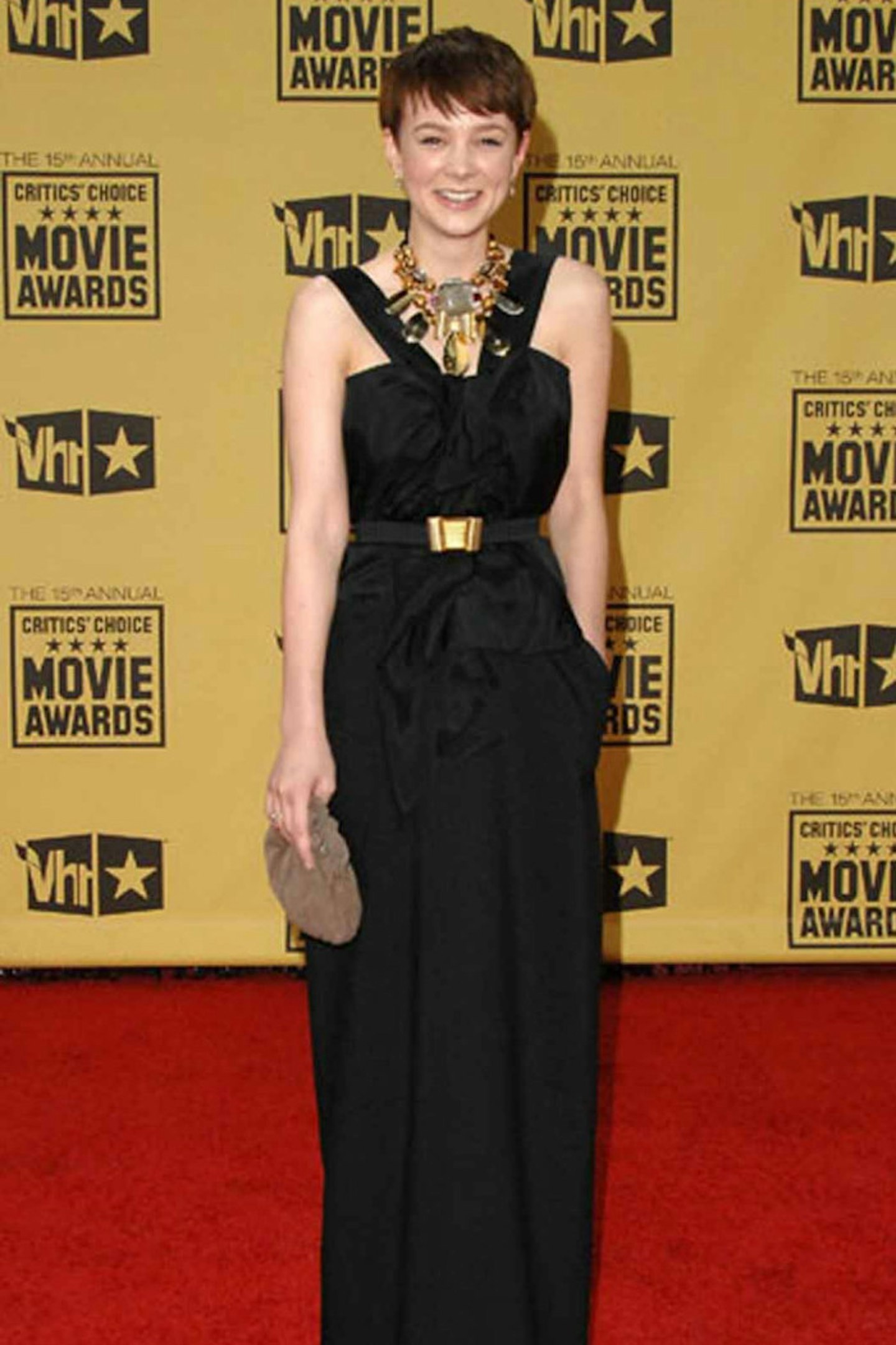Carey Mulligan style marni black dress gold belt