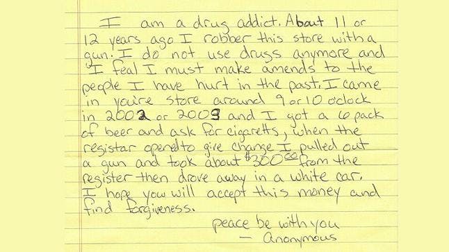 Robber returns money and an apology note to store he robbed a decade ...