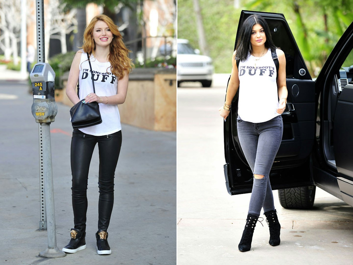 Kylie Jenner and Bella Thorne wearing 'I'm Somebody's DUFF' t shirts [Rex]