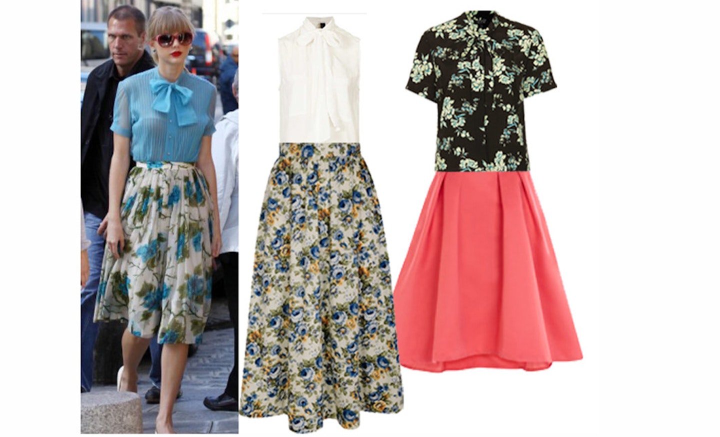Swift Skirts (from left): White blouse, £45, Topshop; Floral skirt, £65, Tara Starlet; Floral shirt, £18, Topshop; Pink skirt, £115, Coast