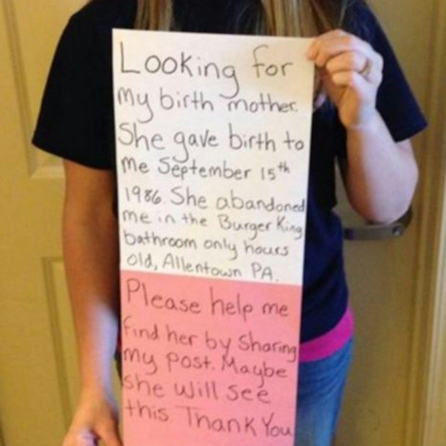 Katheryn hopes her message will be read by someone connected to her birth mother