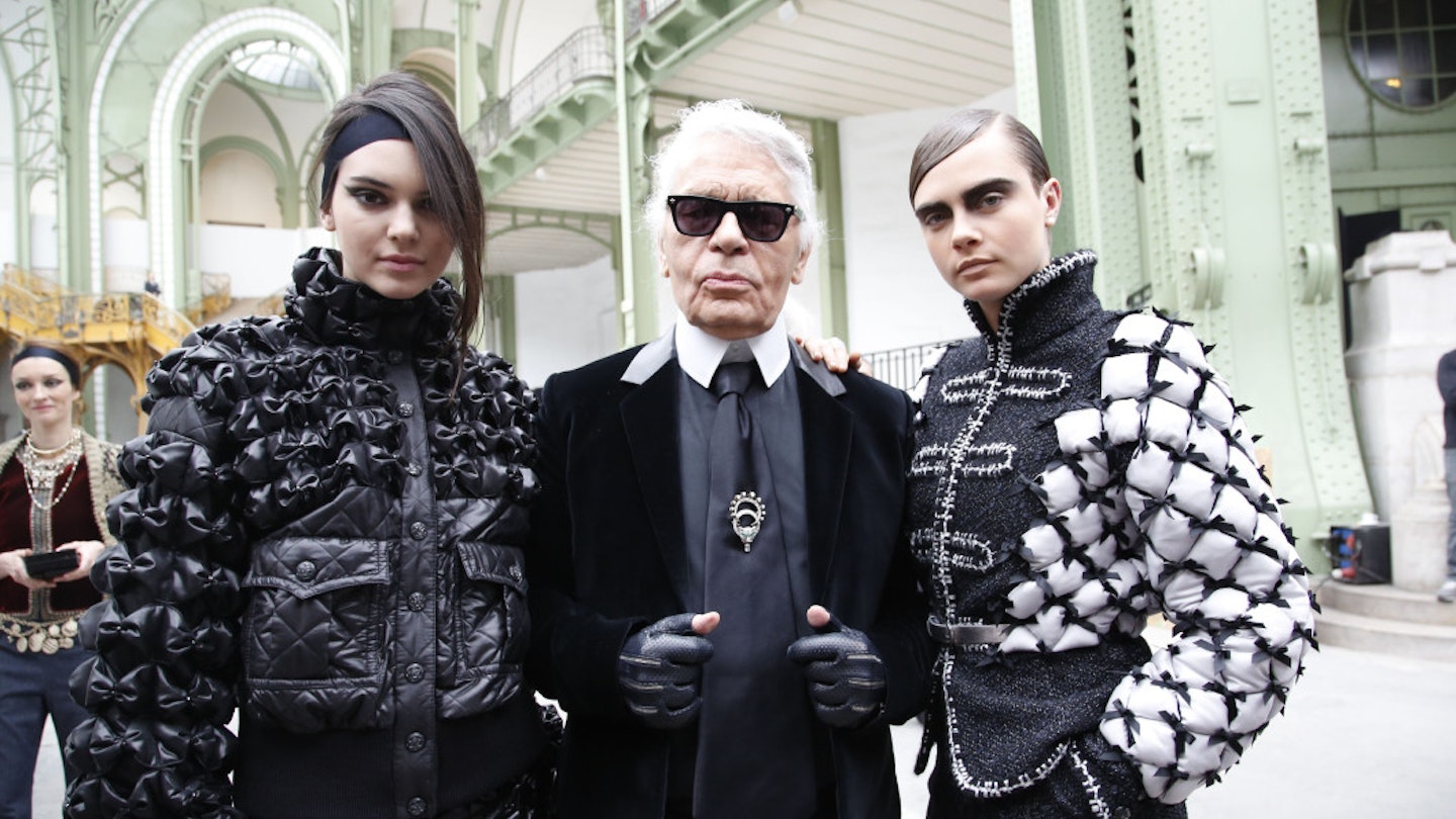Kendall with Karl and Cara at the Chanel show [Rex]