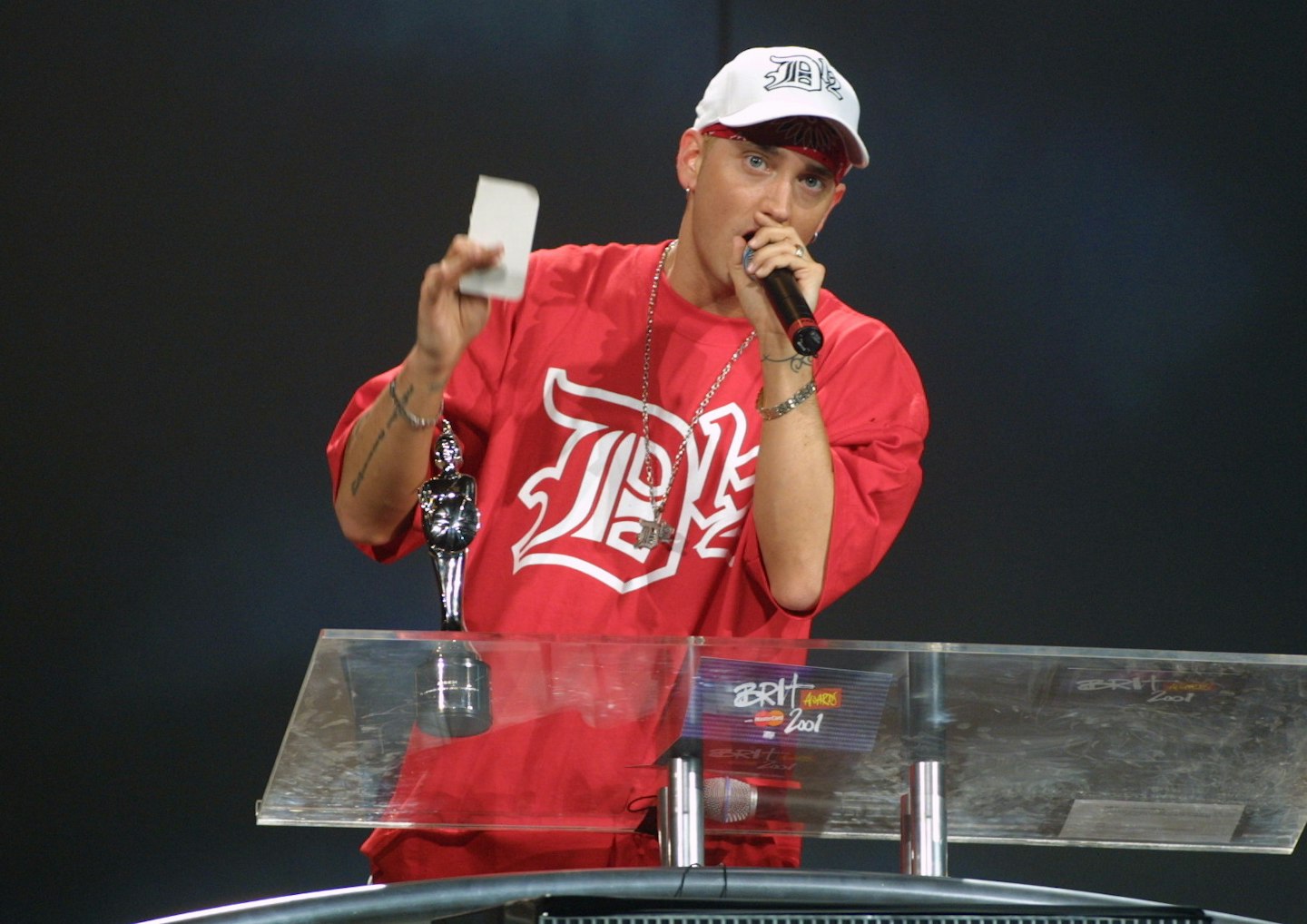 Eminem in a red D12 tshirt at the BRIT Awards 2001