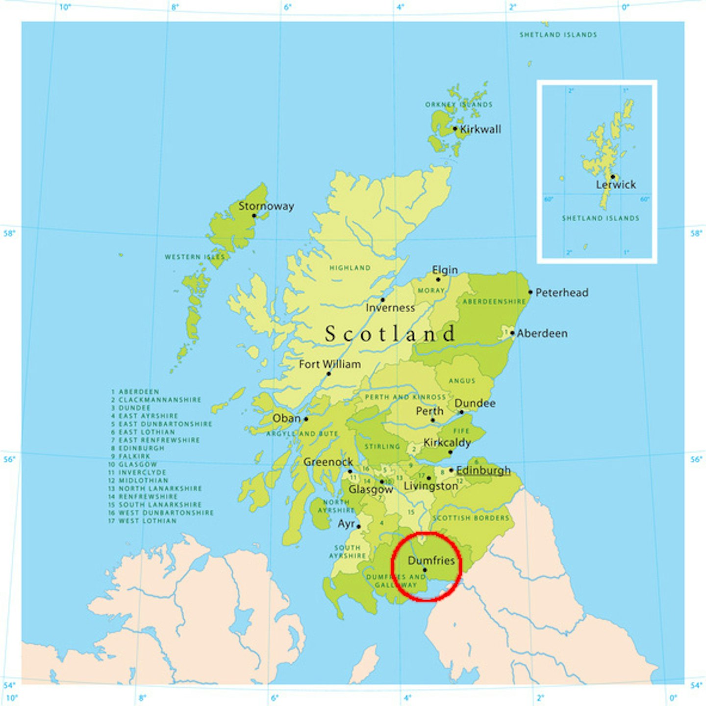 Map of Scotland with a red ring about Dumfries
