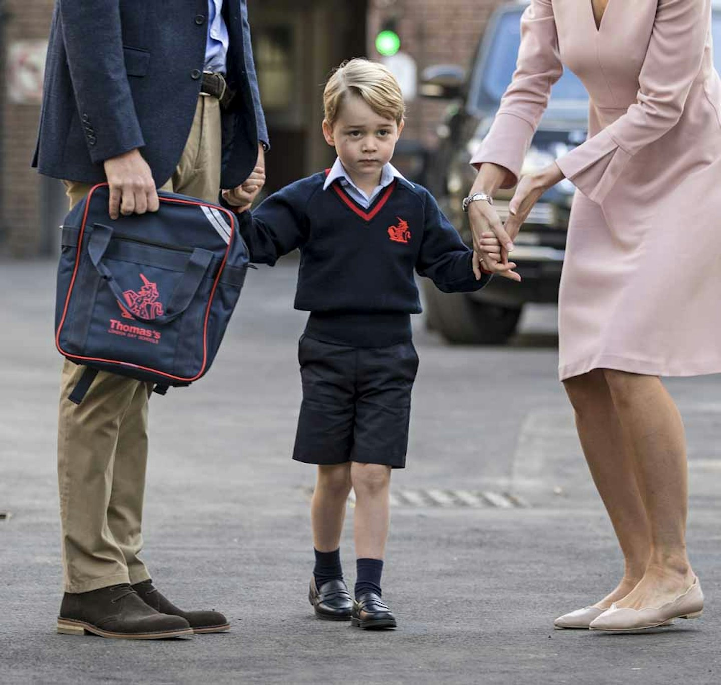 Prince William with Prince George and Helen Haslem, head of the lower school
