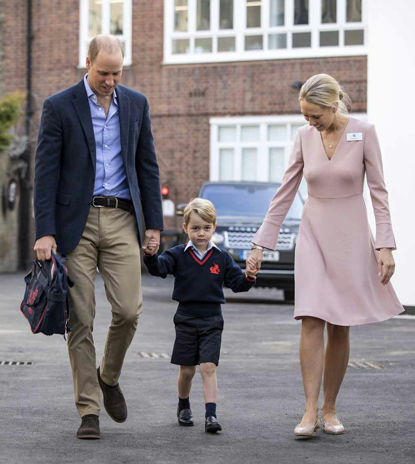 Prince William with Prince George and Helen Haslem, head of the lower school