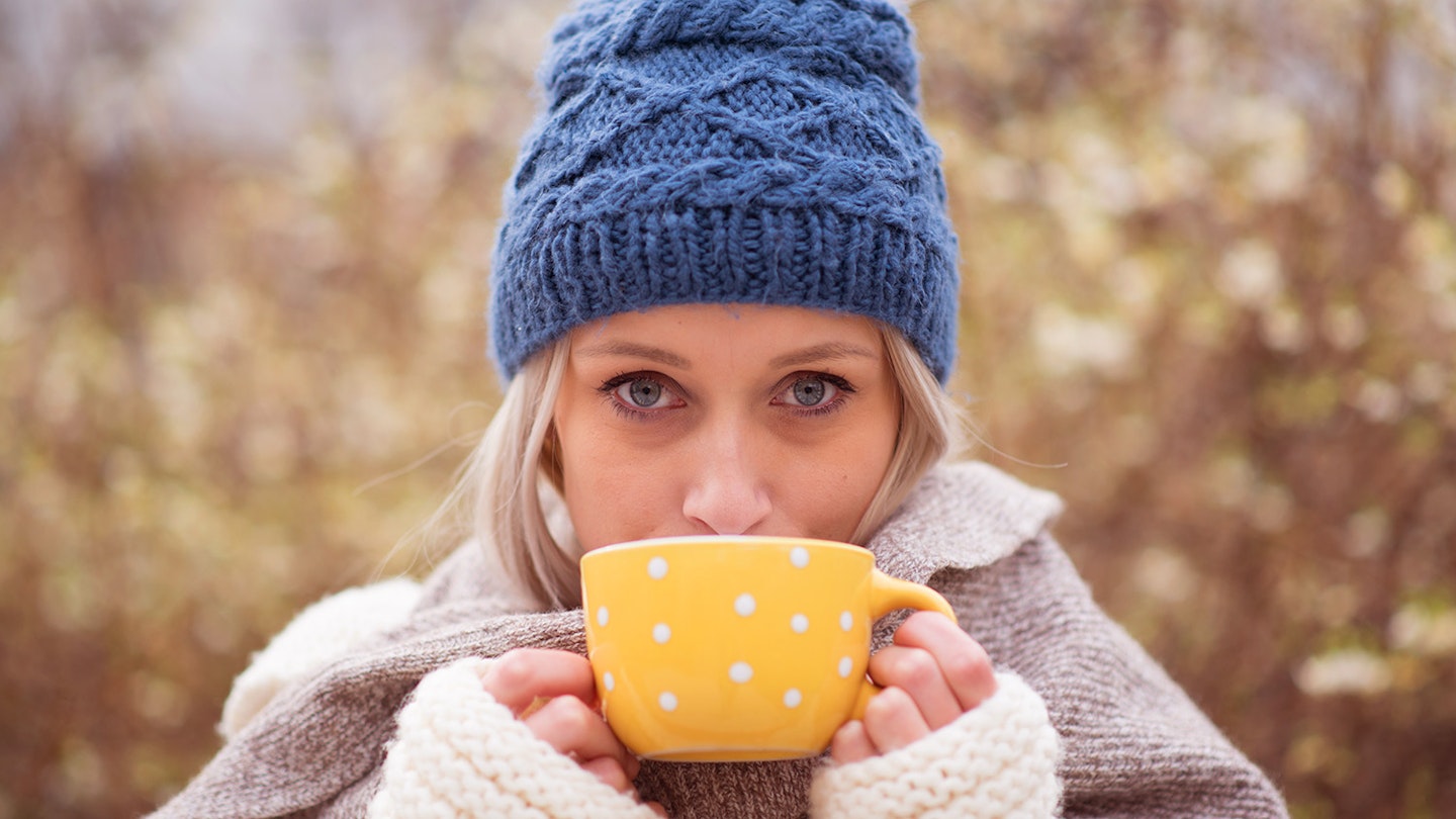 woman, cup of tea, winter, hat