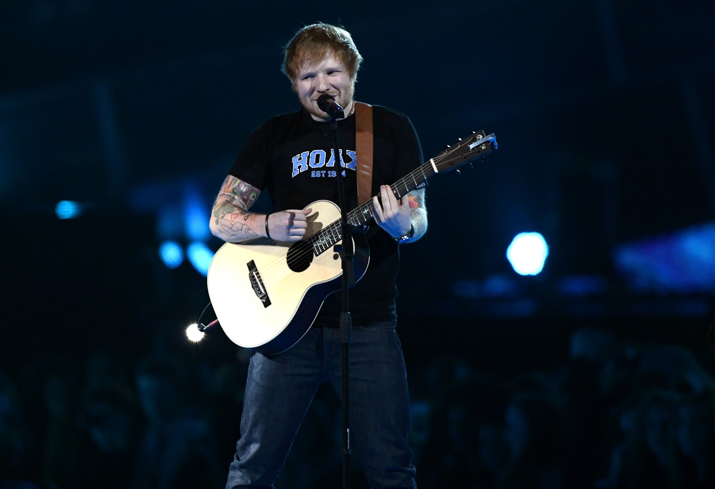 Ed Sheeran performing at the BRIT Awards 2017