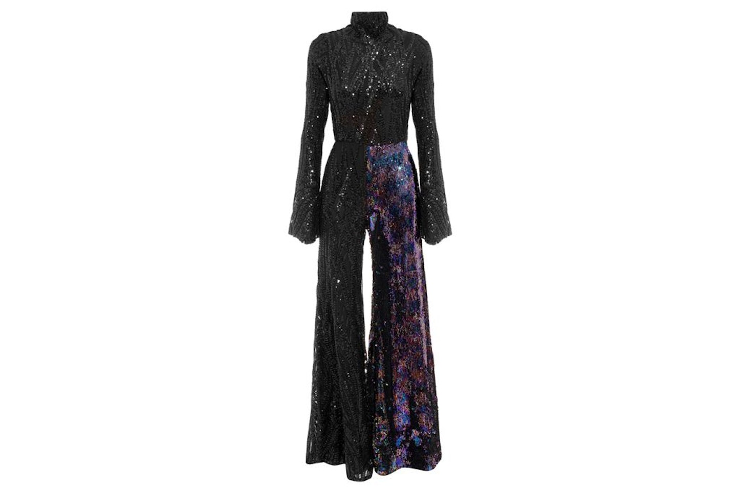 Sequin polo neck fitted top with flared trousers
