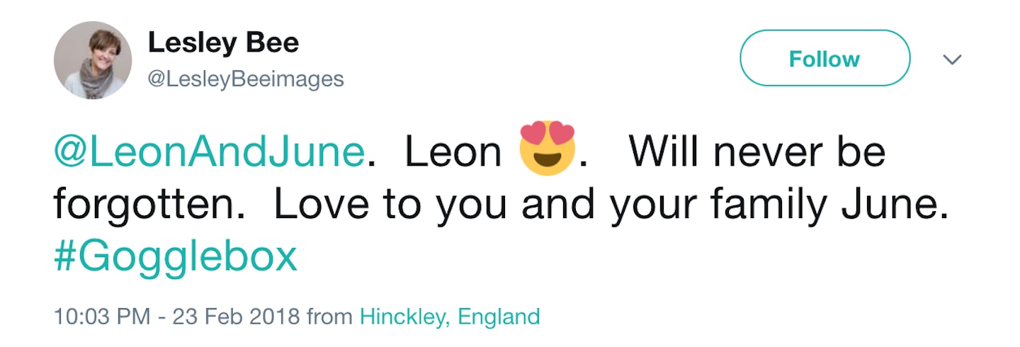 Leon Gogglebox tribute tweet