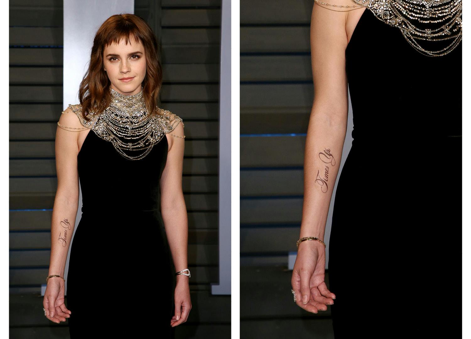 Emma Watson has a temporary tattoo applied to her arm backstage... News  Photo - Getty Images