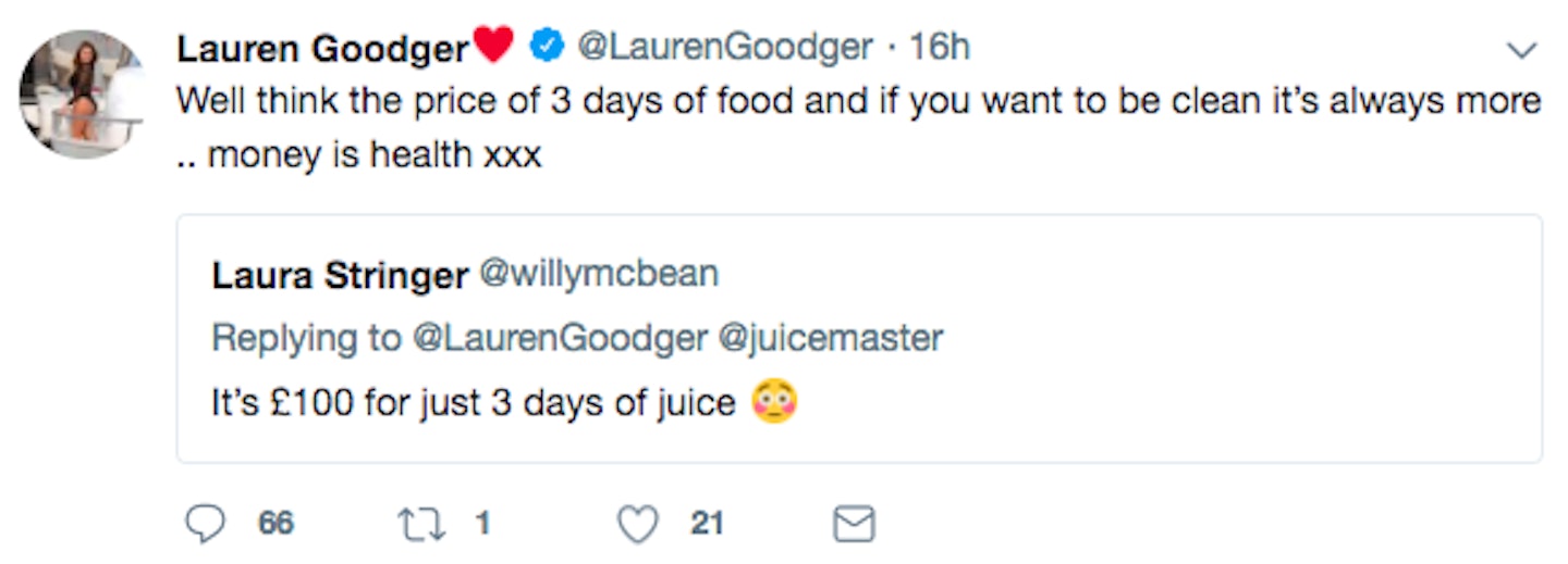 Lauren Goodger spends 100 a day on food tweet