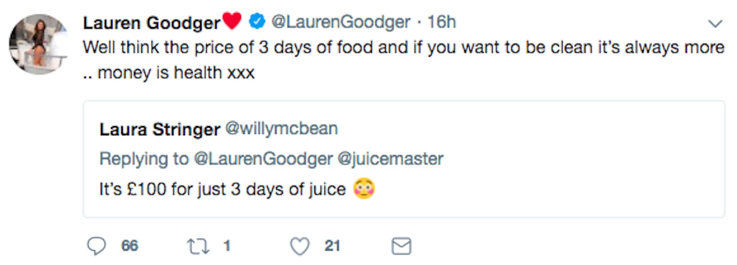 Lauren Goodger spends £100 a day on food tweet