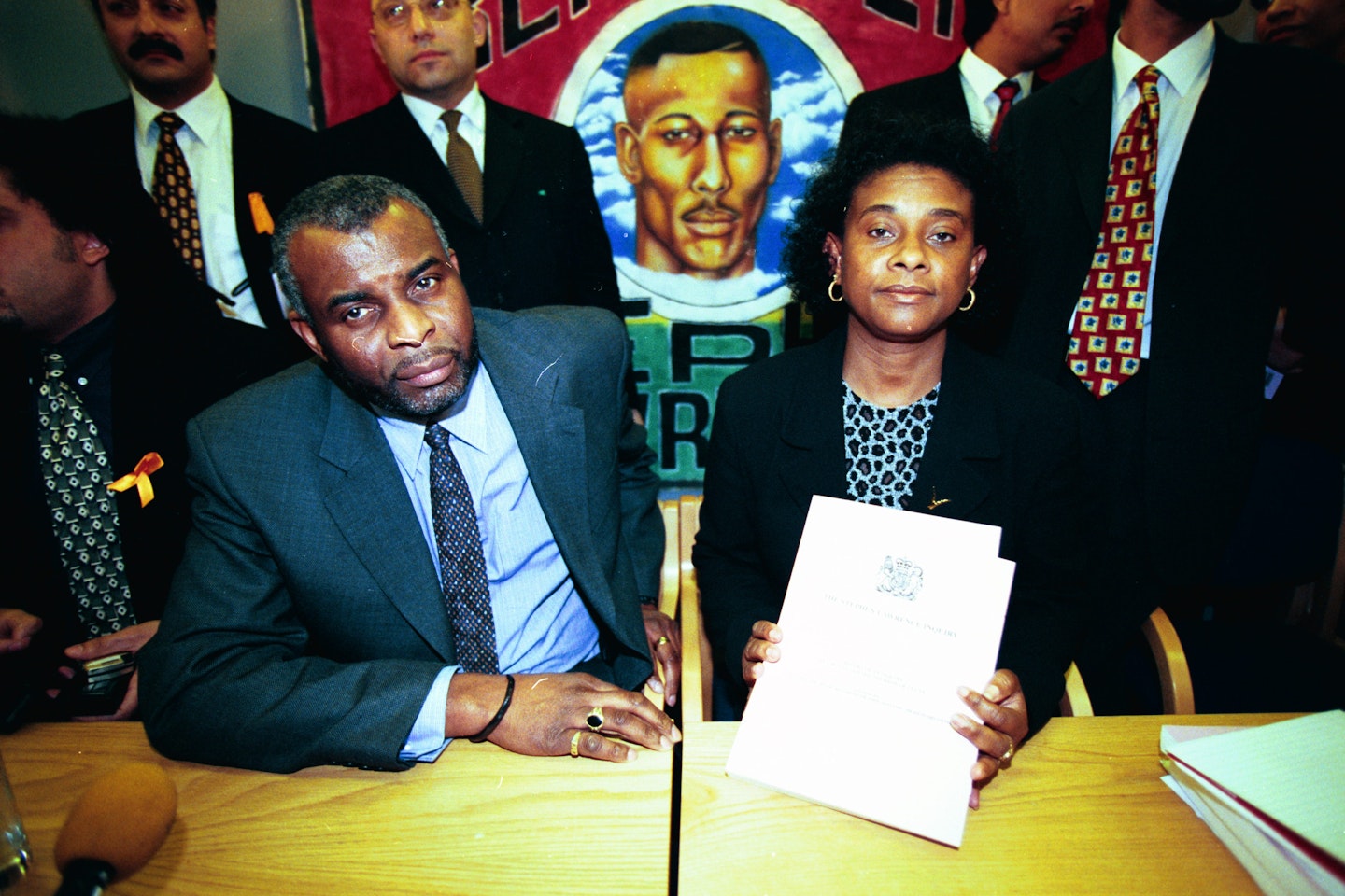 Neville and Doreen Lawrence with the published Stephen Lawrence Inquiry, 1999