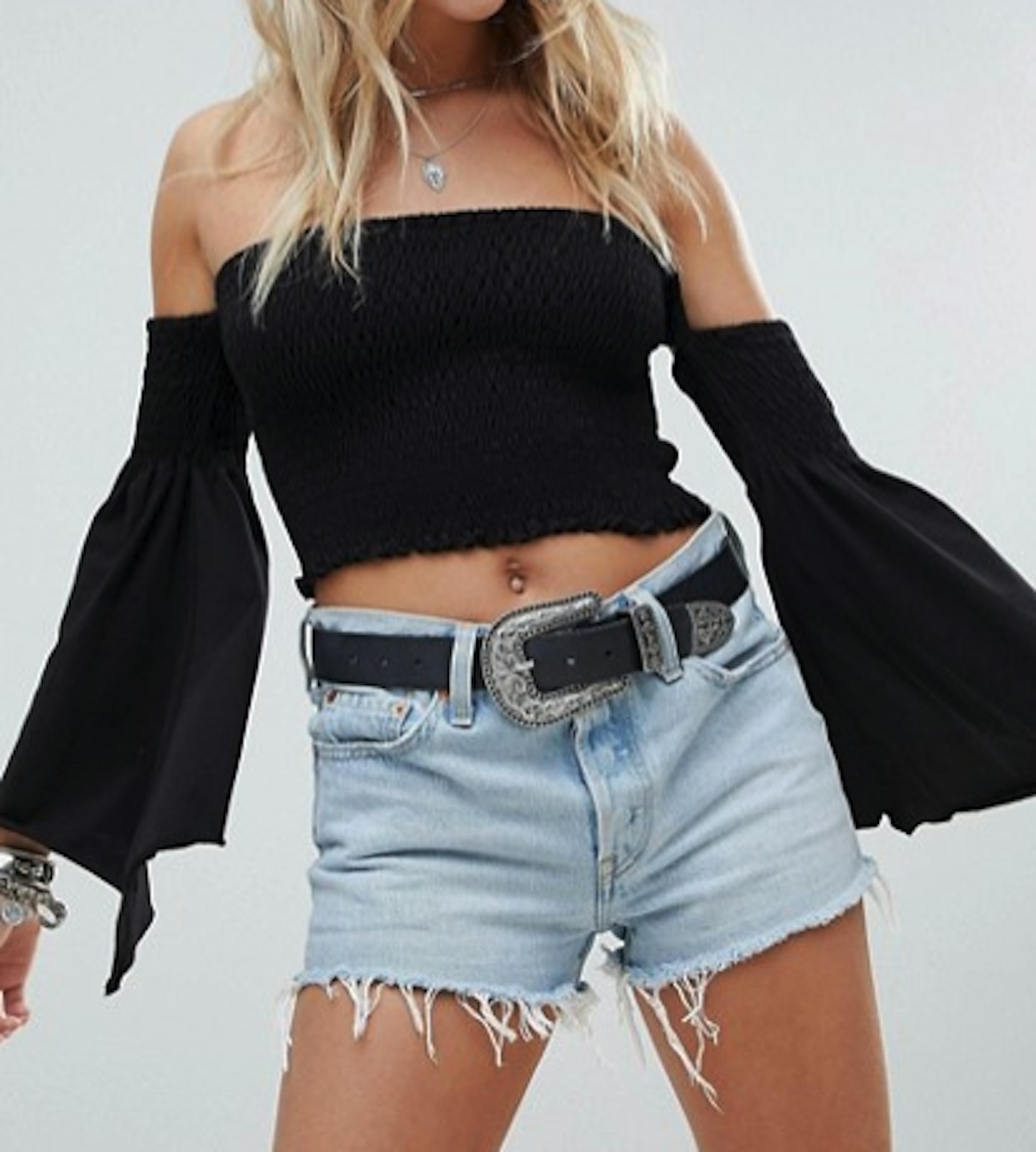 ASOS DESIGN off shoulder shirred crop top with flared sleeve in black