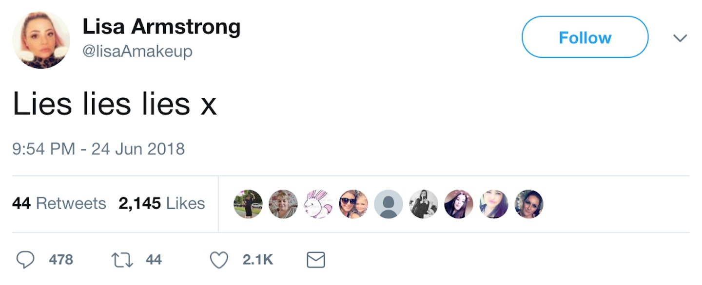 Lisa Armstrong lies tweet