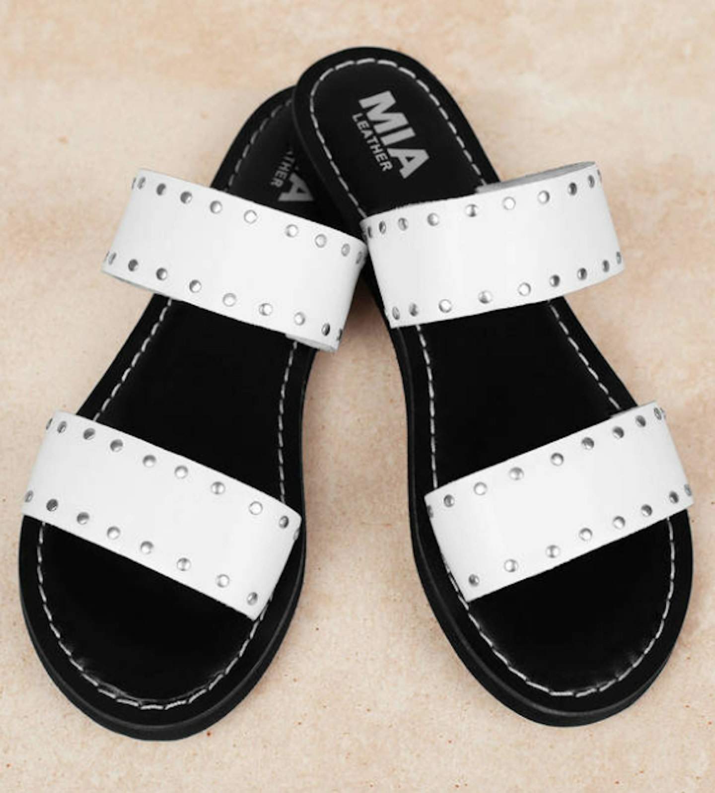 white studded sliders sandals