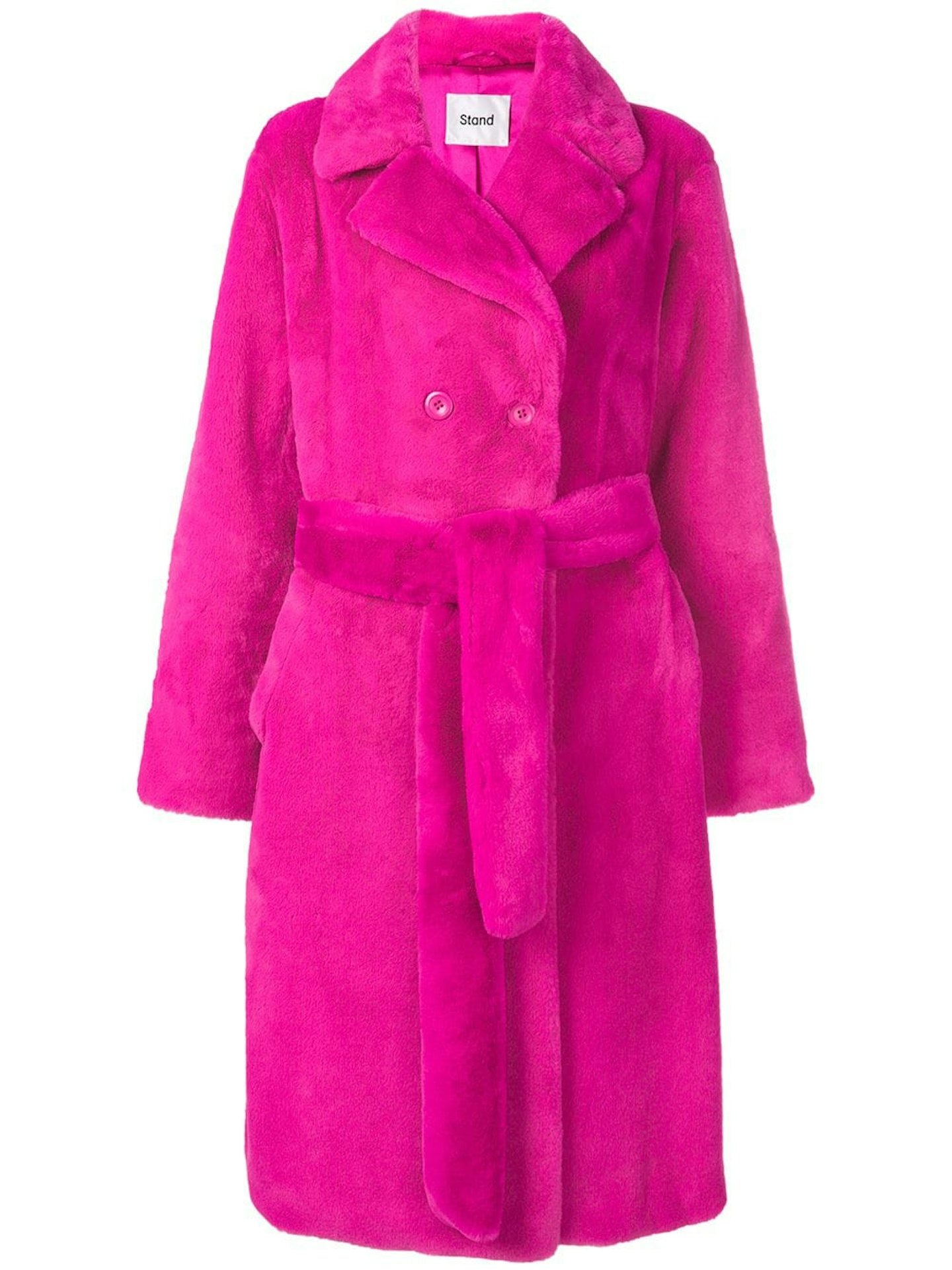 AW19 coats Stand, Faux Fur Double-Breasted Coat hot pink belt