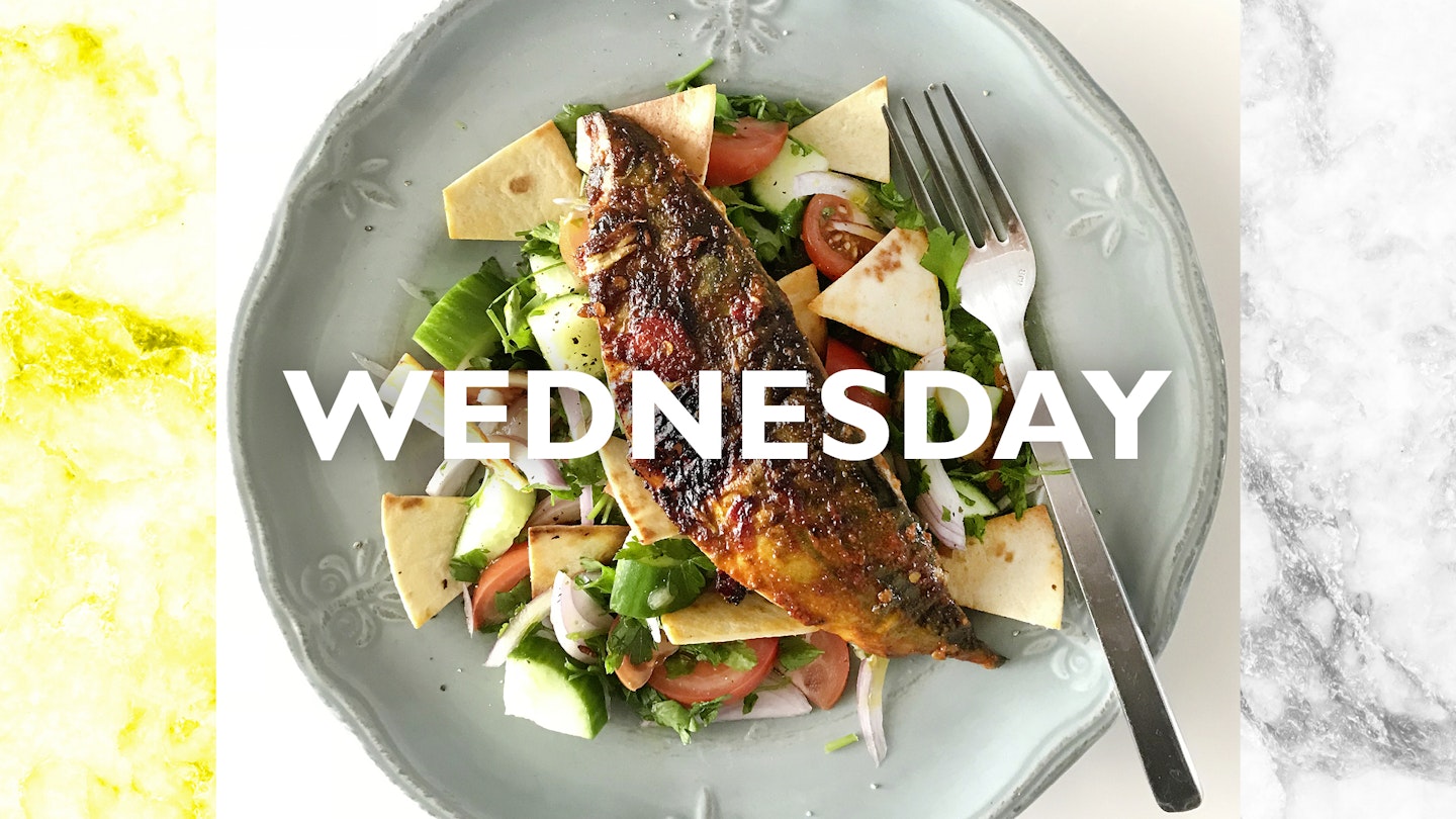 Wednesday – Mackerel with chermoula and fattoush, 20 mins