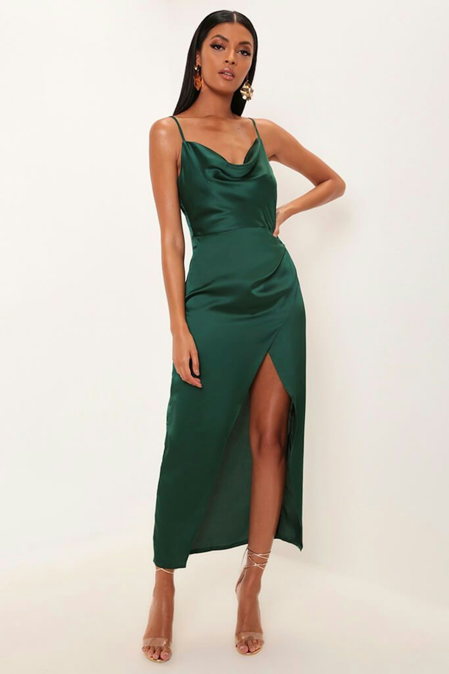 Emerald Satin Cowl Neck Maxi Dress